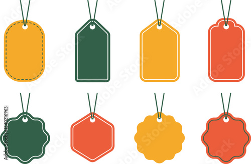 A collection of eight colorful price tags with different shapes hanging on black strings on white background