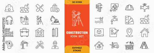Construction line icons set. Home repair tools outline icons collection. Construction tools, builders and equipment symbols. Builder, crane, engineering, equipment, helmet, tool, house - stock vector