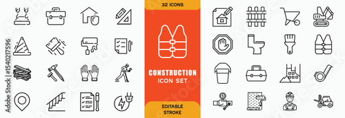 Construction line icons set. Home repair tools outline icons collection. Construction tools, builders and equipment symbols. Builder, crane, engineering, equipment, helmet, tool, house - stock vector