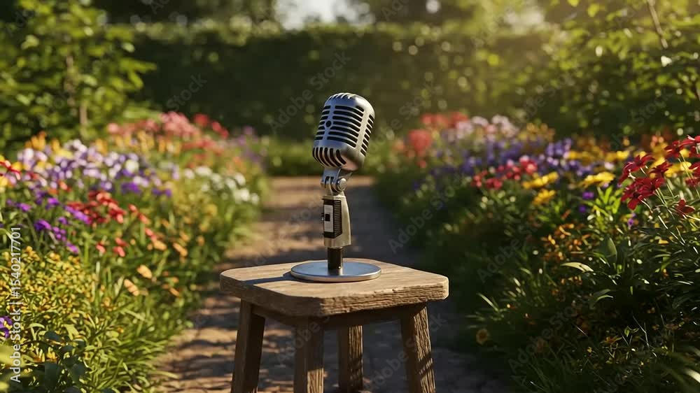 Vintage microphone on a wooden stool surrounded by vibrant flowers in a serene garden