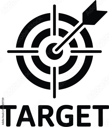 Illustration of a black target with an arrow hitting the center and the word target below it