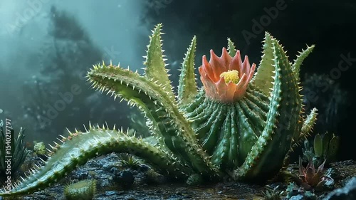Stunning close-up of a vibrant cactus flower blooming in a mystical, foggy landscape