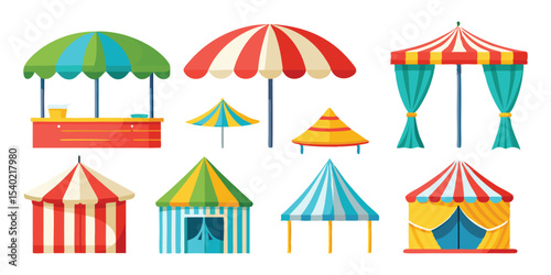 Colorful Festival Booths, Tents, and Umbrellas: Fairground and Outdoor Event Set