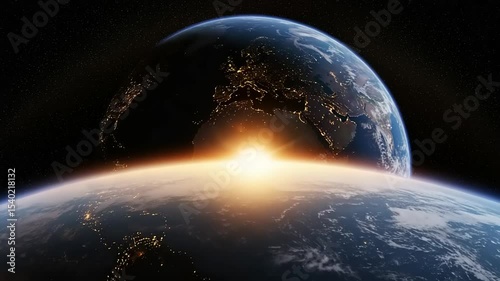 Stunning view of Earth during sunrise from space, showcasing continents and glowing city lights