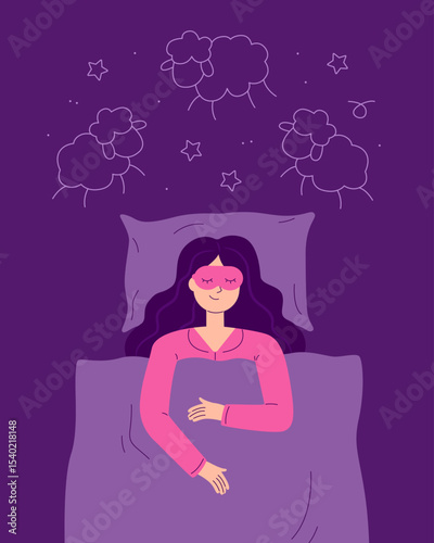 A young woman is sleeping in a bed with a sleep mask and dreams. Vector illustration in a cartoon flat style.