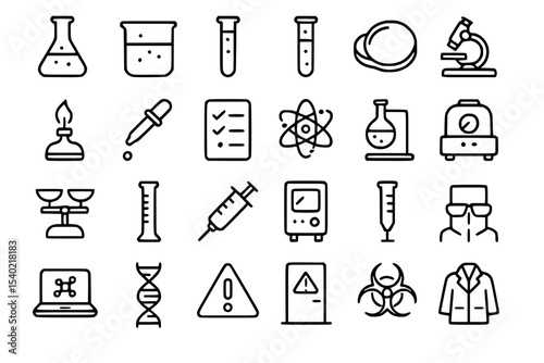 Science and Laboratory Experiment Line Icons Set.  Science, laboratory, experiment, research, chemistry, biology, physics, medical, education, flask, beaker, test tube, petri dish, microscope, Bunsen 