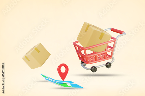 3D Vector Illustration Render of a Cart Loading Parcel Boxes Floating with Map and Coordinates Pins. Concept of Delivery Service, Location Tracking and Logistics in Ecommerce.