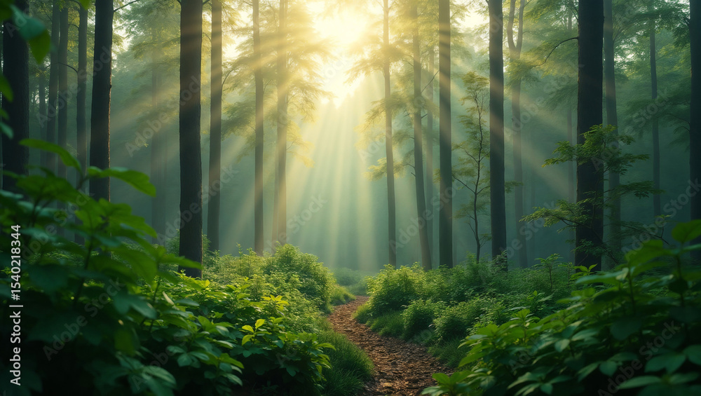 Obraz premium Sunlight filtering through trees with peaceful mood in lush forest path