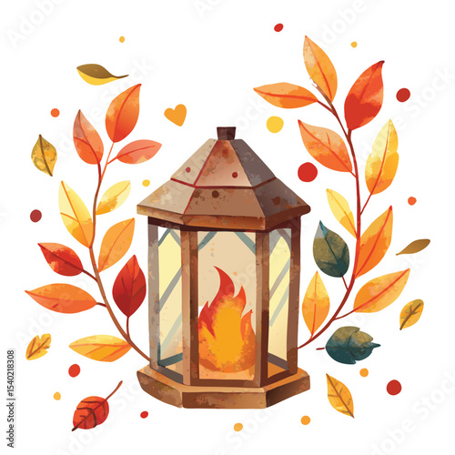 Brown Rustic Lantern with Flame and Autumn Leaves: Cozy Fall Decor Illustration