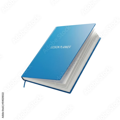 Blue lesson planner book floating in mid air, on solid white background