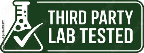 A green sign stating third party lab tested with a flask and checkmark on a light gray background