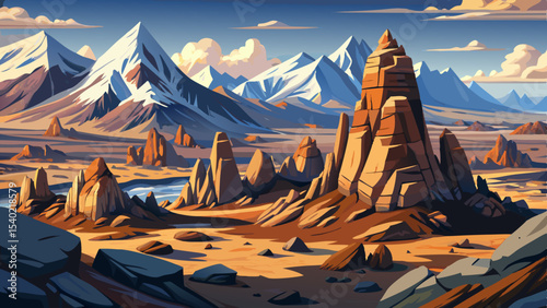 rocky plateau stretching toward distant snowy mountain peaks vector ideal for highland, nature, travel, and elevation-themed visuals