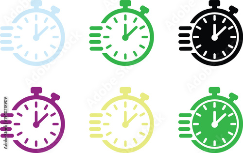 A set of six black and white stopwatch icons depicting speed and time on a white background pattern