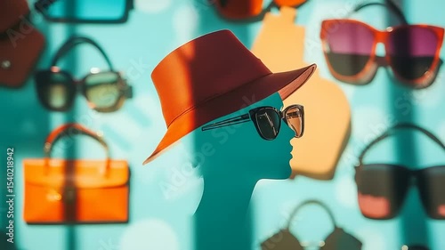 Stylish silhouette of a mannequin wearing sunglasses and a hat against a vibrant display backdrop