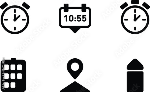 A collection of six black and white icons including time, date, location, and calendar symbols shown
