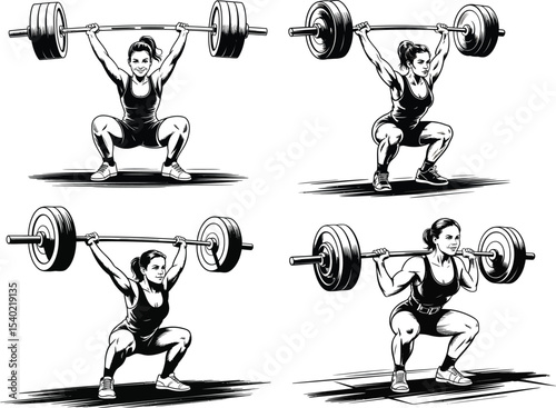 A woman performing a barbell squat in black and white with a determined expression on her face and muscles