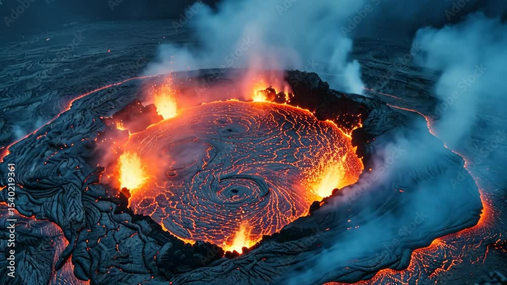 volcanic eruption with flowing lava and smoke, natural disaster concept, geology, environment