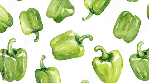 Seamless pattern of green bell peppers in watercolor style on a white background.