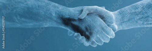 Handshake Symbolizes Agreement and Cooperation Against a Blue Background With a Digital Grid Pattern