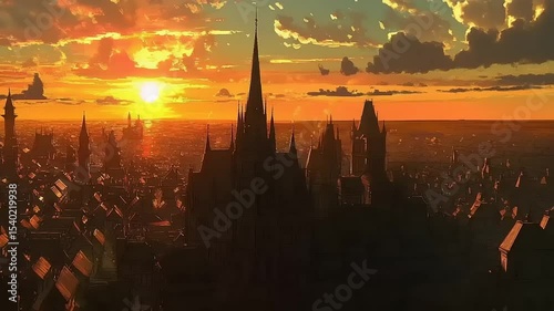 Sunset over a medieval cityscape with towering spires and a vibrant sky filled with clouds