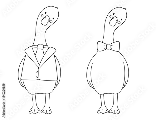 Cute baby goose wearing bow, jacket and tie . Funny cartoon outline bird isolated on white background for childish coloring book and page