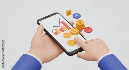 Hands Hold Smartphone Displaying Financial Growth Chart With Pixelated Coins On Clean White Background