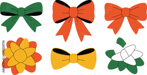Illustration of six colorful bows and flowers in green, orange, yellow, and pink on white background