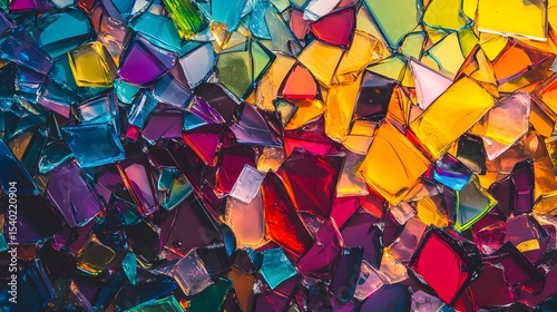 Colorful broken glass texture with vivid rainbow lighting and sharp shards
