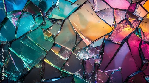 Colorful broken glass texture with vivid rainbow lighting and sharp shards