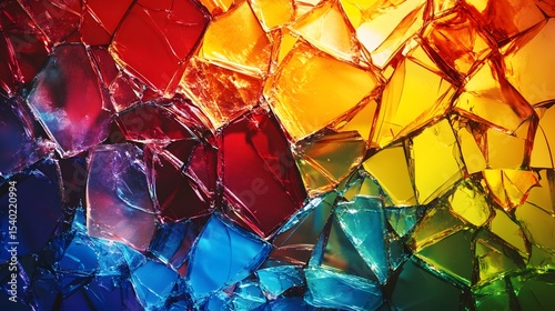 Colorful broken glass texture with vivid rainbow lighting and sharp shards