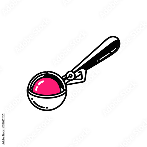 Ice cream scoop with a pink ball of ice cream on a white background