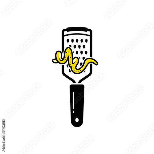 Grater with a yellow lemon twist on the blade on a white background