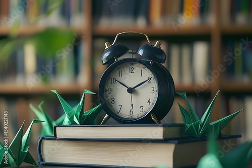Vintage alarm clock on books with origami cranes in library setting