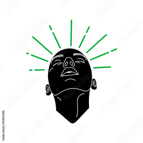 Black silhouette of a person with green rays emanating from the head on a transparent background