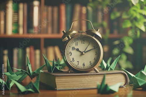 Vintage alarm clock on books with origami cranes in library setting
