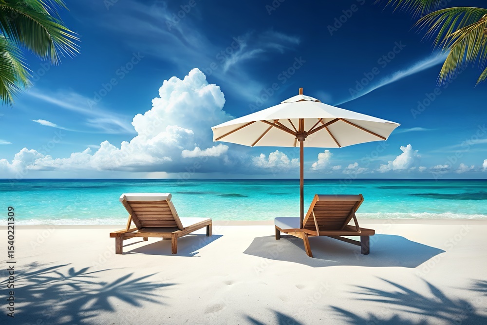 Obraz premium Tranquil beach scene with two lounge chairs and umbrella