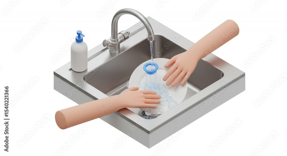 Isometric 3D Animation of Washing Dishes in Stainless Steel Sink with Soap and Water on a White Background Isometric 3D Animation of Washing Dishes in Stainless Steel Sink with Soap and Water on a White Background