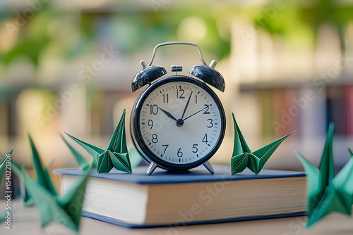Vintage alarm clock on books with origami cranes in library setting