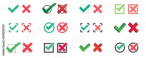 Green tick and red cross checkmarks. Right or wrong icons.