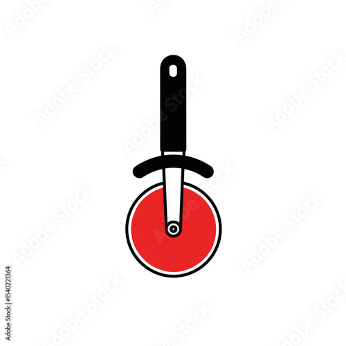 Black pizza cutter with a red blade on a white background
