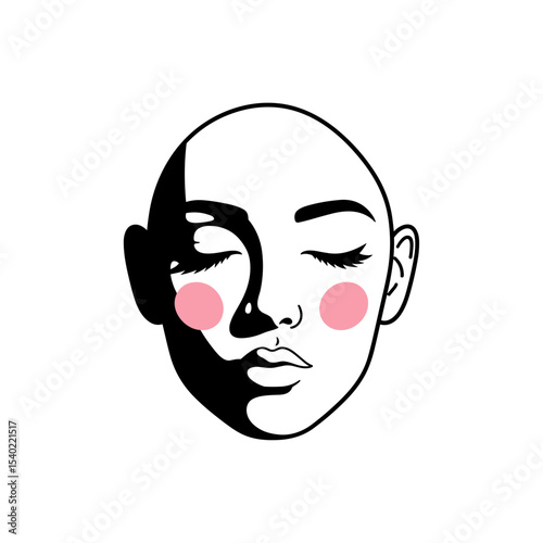 Stylized face with closed eyes and blush on a transparent background