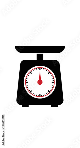 Black kitchen scale with red dial warning on white background
