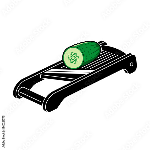 Black vegetable slicer with green cucumber on white background
