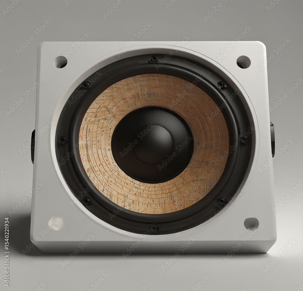 Fototapeta premium Modern white square speaker with wood cone detail