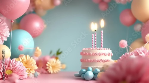 Festive Birthday Cake with Balloons.