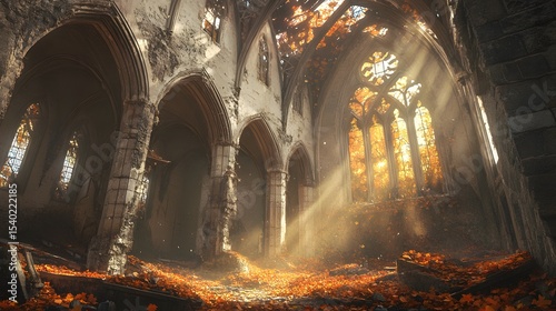 Sunlight shining through the ruins of an abandoned gothic cathedral