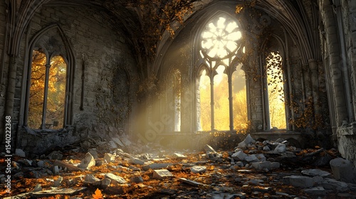 Sunlight shining through the ruins of an abandoned gothic cathedral