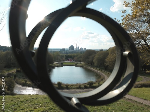 A scenic view of a lake and distant buildings framed by a circular metal structure in the foreground