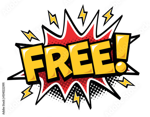 Free - Comic book style word in speech bubble with bomb explosive and lightnings. Vector on transparent background