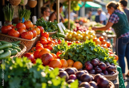 Fresh vegetables and fruits displayed at an outdoor farmers market stall photo